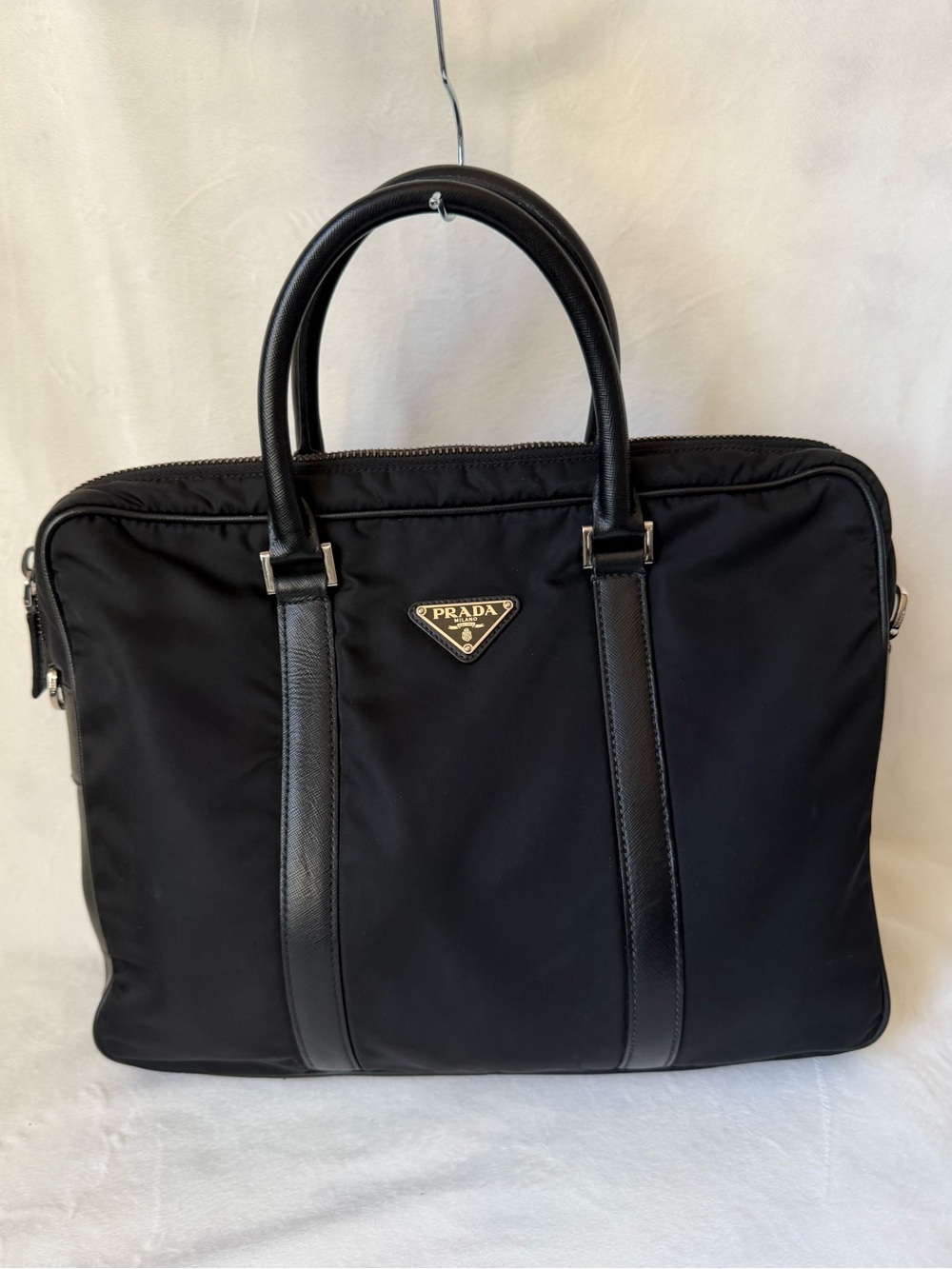 Prada Black Nylon Briefcase with Leather Trim